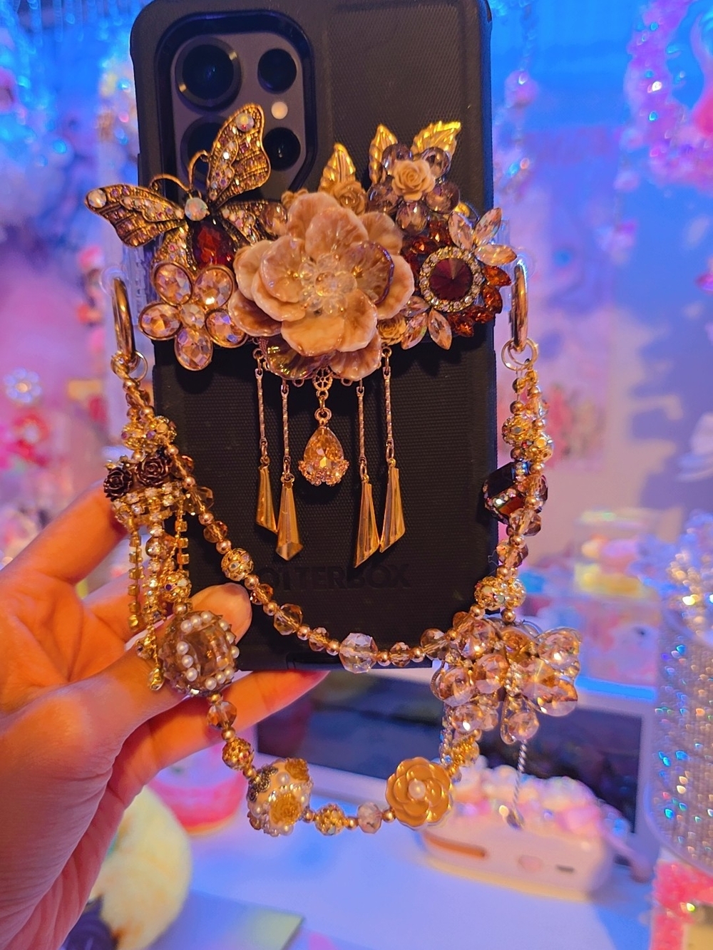 Embellished Floral & Butterfly Phone Charm with Gold Accents
